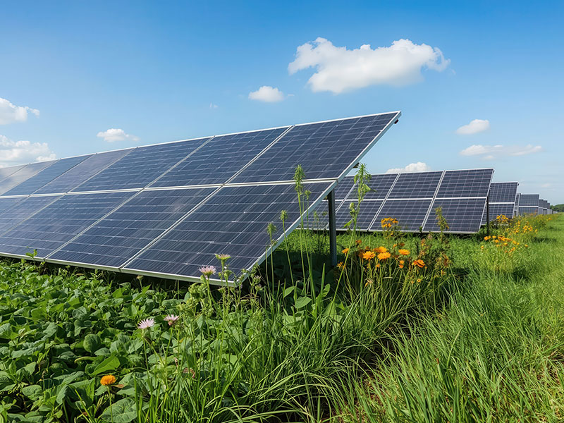Solar panels sit in a green field